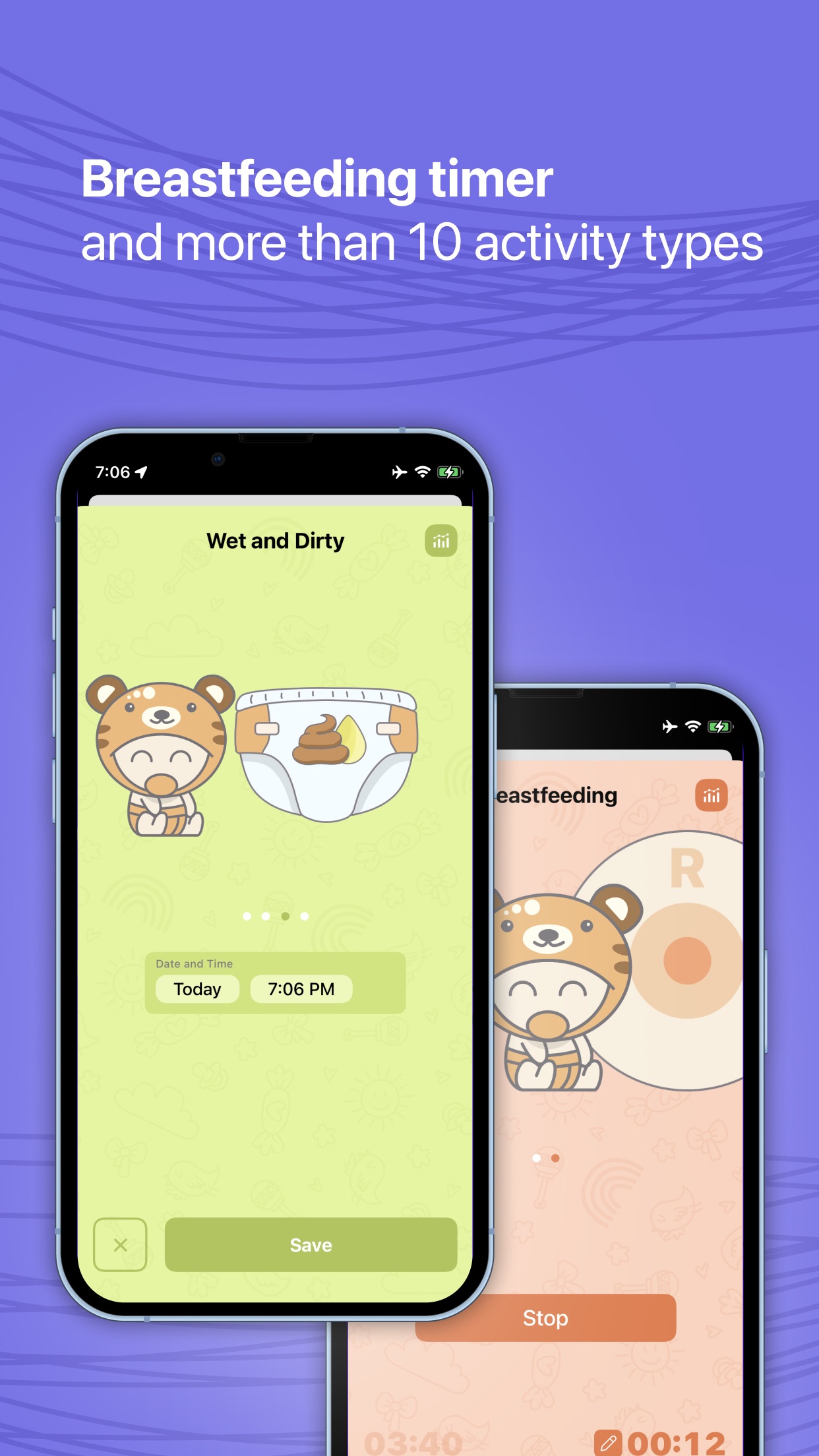 Breastfeeding timer, diaper log and more activity types