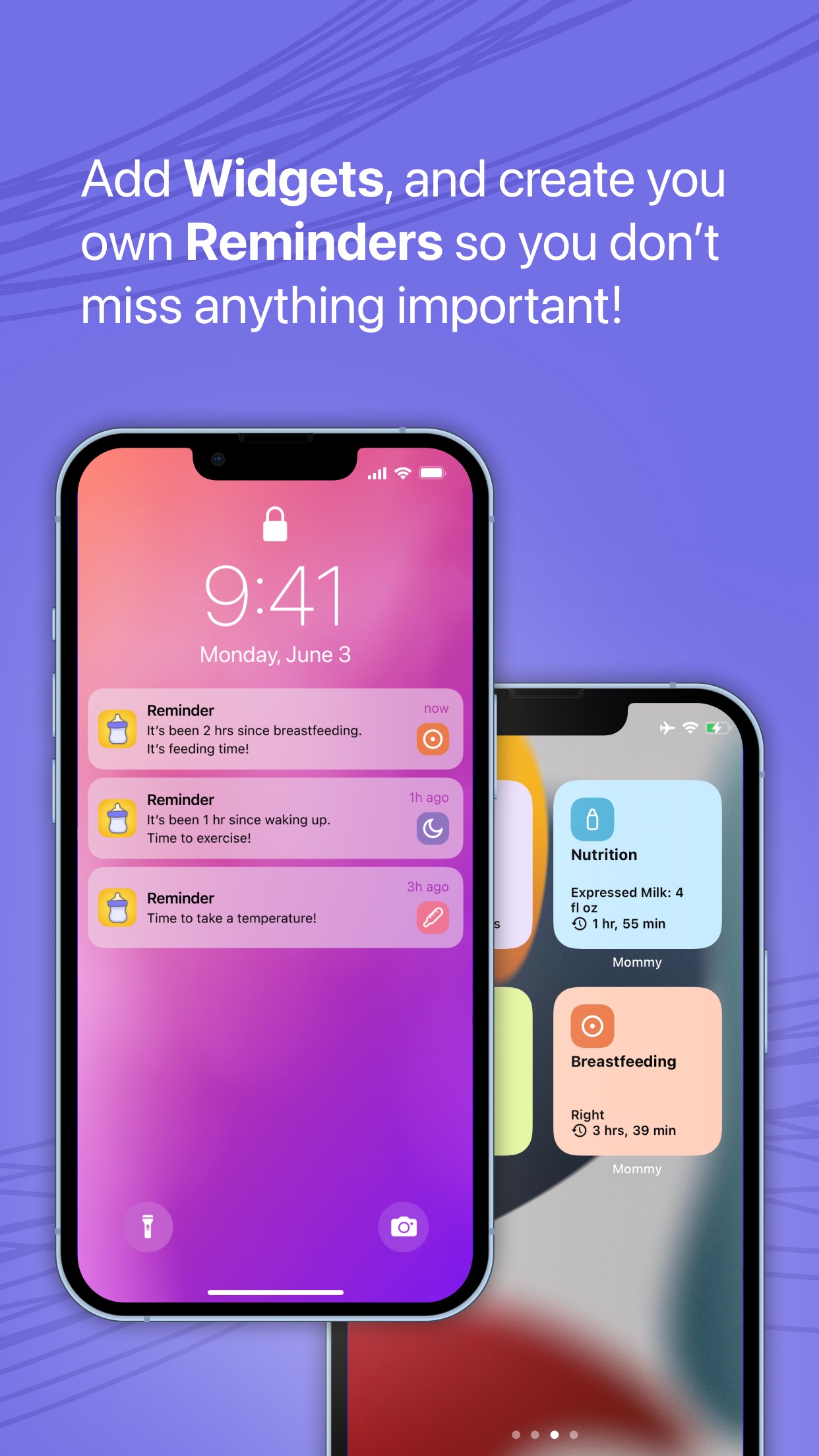 Baby activity reminders and Home Screen widgets